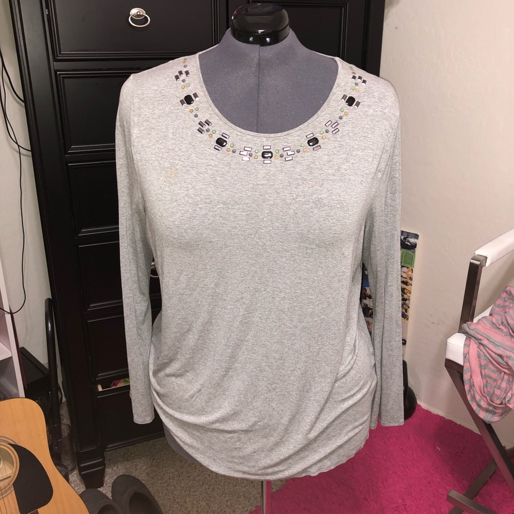 Long sleeve shirt with beaded/embezzled neckline